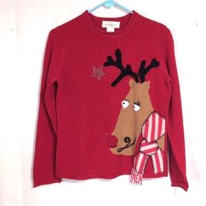 Susan Bristol Red Cotton Blend Reindeer Sweater Size Small